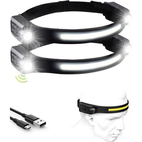 Lampe Frontale Rechargeable LED, 1200LM Lampe Torche Frontale, Lampe frontale double 12 heures d'autonomie, 5 modes d'éclairage, légère avec détecteur de mouvement, étanche IPX4(Noir, 2pack) (1/5)