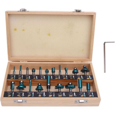Set di 20 frese in metallo duro a incastro per fresatura e incisione del legno, di colore verde, con gambo da 6,35 mm (1/4 di pollice). (1/5)