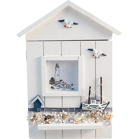 Porte-clés mural cabane de plage – armoire à clés en bois massif – 6 crochets intégrés – rangement décoratif – pour entrée et couloir (1/5)