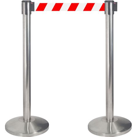 2 Colonnine Tendinastro 3 metri in Acciaio Inox Spazzolato Ø36x101 cm Nastro Bianco/Rosso (1/5)