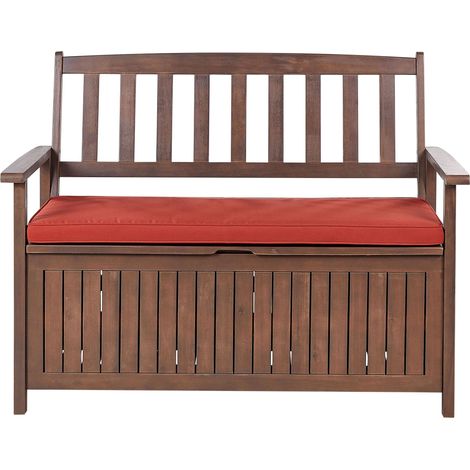 Gartenbank mit Auflage SOVANA 120 cm mit Stauraum Akazienholz Rot