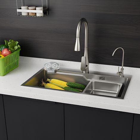 Lavello da cucina, 754522 cm, profondo, in acciaio inossidabile, profondo, vasca singola, lavello topmount, con griglia lavaggio inferiore e dosatore sapone (1/5)