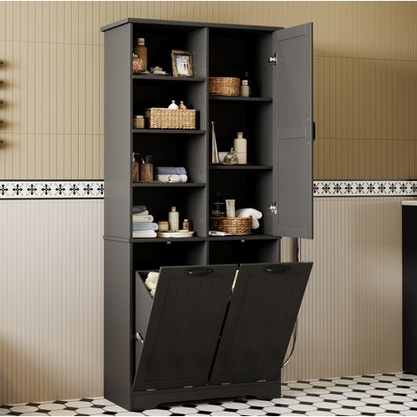 Mueble de baño de 78x35x172,7 cm con 2 cestas para la ropa, estantes ajustables, MDF negro. (1/5)