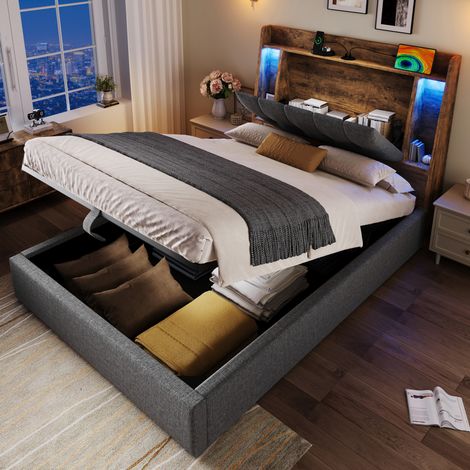 Lit 90x200 1 place avec rangement hydraulique, LED et ports USB Type-C, tête de lit à étagères rabattables, en tissu gris, sans matelas  CHICFURN (1/5)