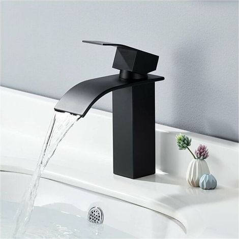 Robinet de lavabo cascade noir Robinets de lavabo à main avec mitigeur de salle de bain en acier inoxydable à levier unique Mitigeur de lavabo design moderne (1/5)