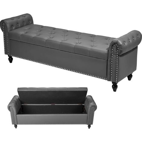 Banc pouf rangement capitonné, accoudoirs, cuir PU pieds bois massif, assise entrée, bout de lit, coloris gris (1/5)