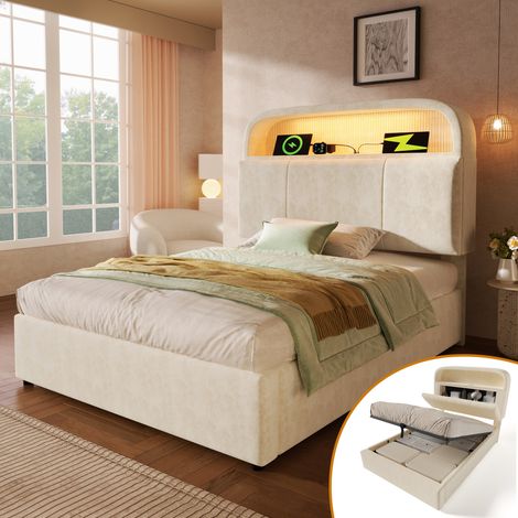 Bett Einzelbett Stauraum LED USB Samt 90x200 Beige OKMYHOME