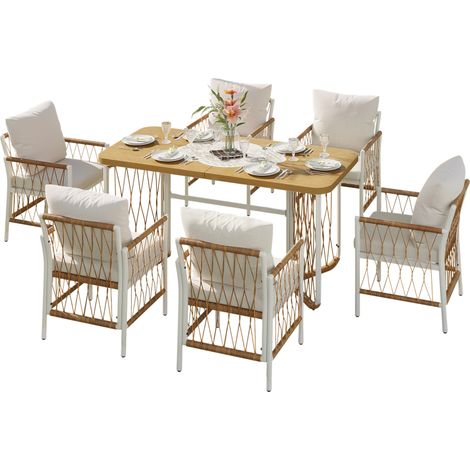 Ensemble salon de jardin 1 table et 6 chaises en résine tressée avec coussins, plateau effet bois, structure fer blanc - CHICFURN (1/5)