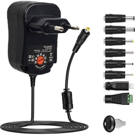12W Adaptateur Secteur Universel AC DC 3V 4.5V 5V 6V 7.5V 9V 12V Transformateur d'alimentation à Découpage avec 8 Connecteurs DC pour électroniques Ménagers, 1000mA Max.