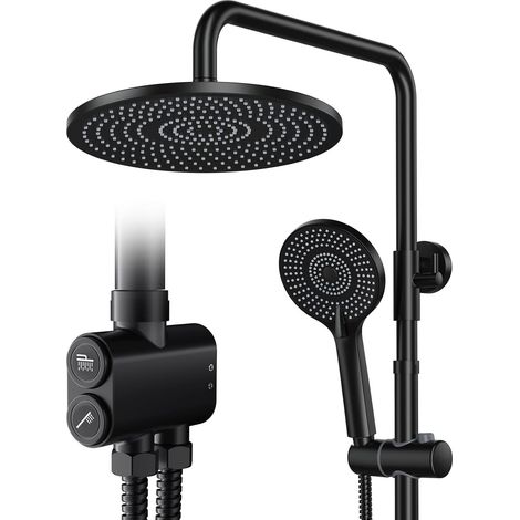Colonne de douche sans Mitigeur Noir Acier inoxydable-Pommeau de douche rond à effet pluie et 3 types de jet Réglable en Hauteur (1/5)