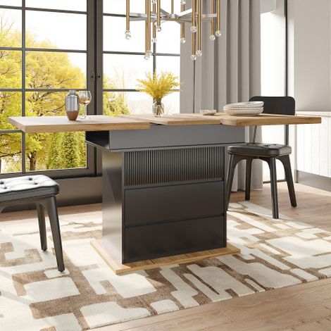 Table à manger extensible 110 à 140 cm plateau imitation bois corps noir deux tiroirs + panneau à lamelles verticales rangement intégré style contemporain pour 4 à 6 personnes cuisine salle à manger (1/5)