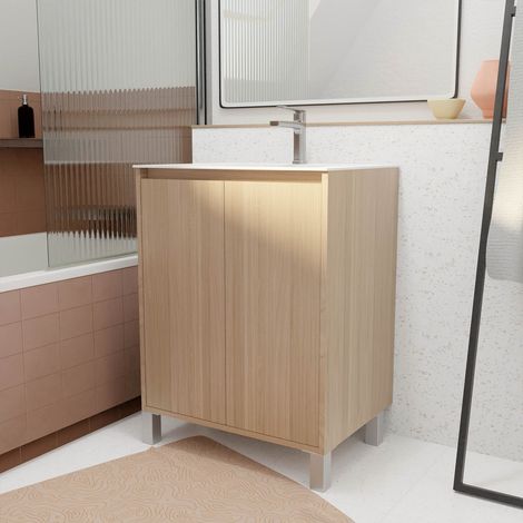 Set Mobile Bagno 60 cm Rovere Chiaro 2 Ante con Lavabo in Ceramica - XENOS