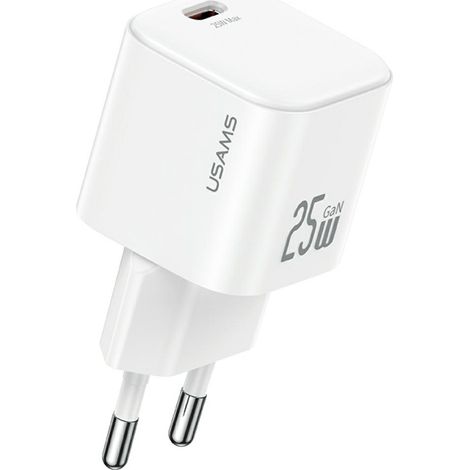 Cargador rápido mini USB-C Usams JC Series CC289 de 25 W con tecnología GaN, color blanco.