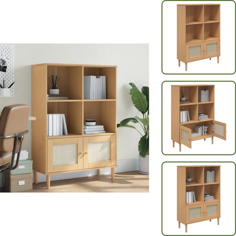 Bücherschrank SENJA Rattan-Look Braun 90x35x130 cm Kiefernholz - Holzregal - Bücherregal - Kiefernholz - Wohnraumgestaltung - Regal Mit Türen