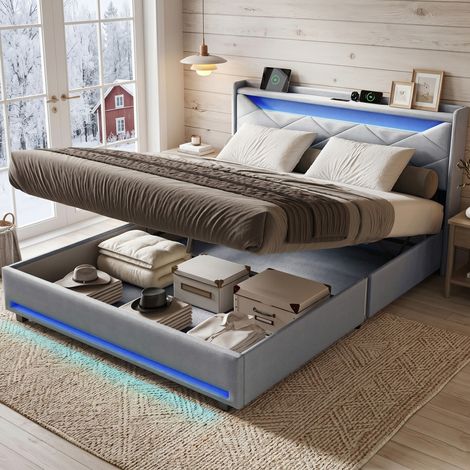 Lit double 140x200 cm Lit coffre Lit avec tête de lit et sommier à lattes éclairage LED réglable et port USB Lit rembourré tissu de lin - Gris