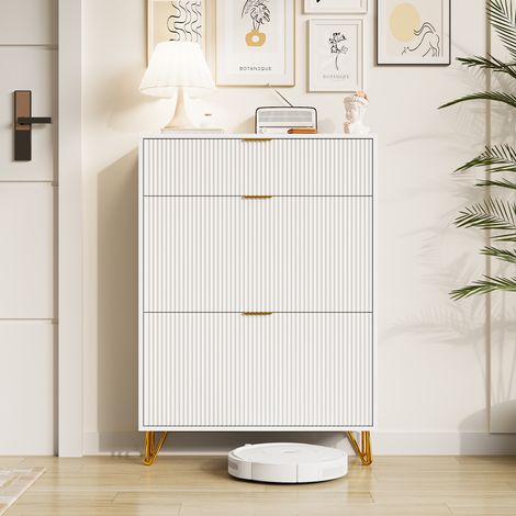 Meuble à chaussures 80cm, avec 3 portes en bois, rangement, poignées et pieds dorés, capacité 20 paires de chaussures, pour couloir, entrée - Blanc