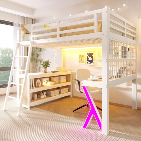Lit Mezzanine 140x200 cm avec Bureau Intégré, Rangements, Éclairage LED Multicolore et Garde-Corps, Métal et MDF - Blanc (Sans Matelas) (1/5)
