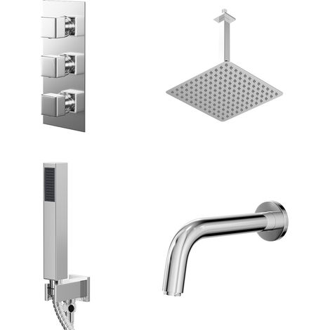 Cubix Polished Chrome Concealed Triple Thermostatic Shower Valve with Diverter and 300mm Square Head with 300mm Ceiling Arm and Outlet Holder with Kit and Bath Spout - 3 Outlet (1/5)