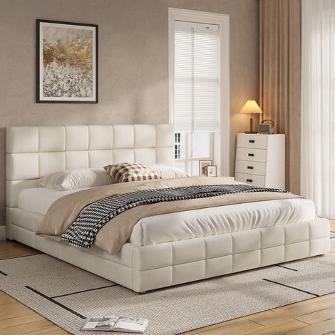 Bett modern gepolstert 180x200 cm aus Samt Beige mit Kopfteil und Lattenrost (1/5)
