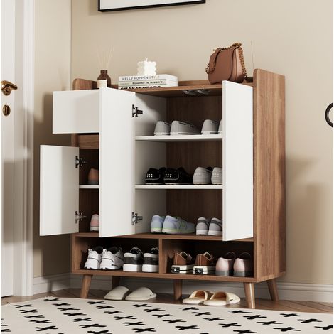 Mobile portascarpe con ripiani regolabili, 90 x 35 x 99 cm, bianco e naturale DESVIAE (1/5)