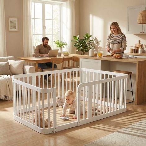 Parc de jeu évolutif pour bébé blanc 140x200 cm, écartement régulier 7 cm, coins arrondis, barrière protectrice universelle enfant, intérieur (1/5)