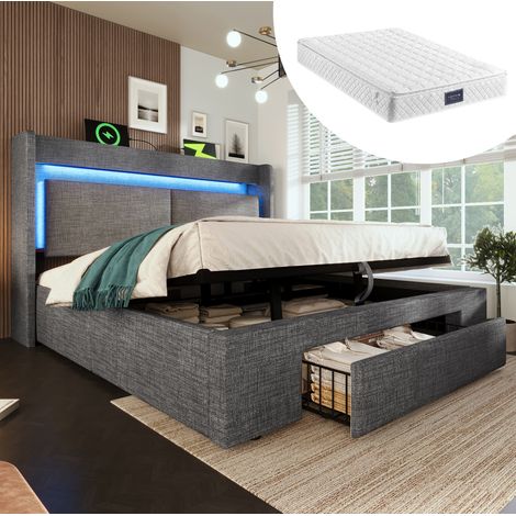 Letto matrimoniale contenitore 140x200 con LED USB in lino OKMYHOME (1/5)