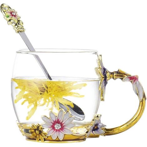 Tasse à café ou à thé en verre transparent sans plomb, motif papillon et fleur émaillé, avec cuillère en acier, cadeau personnalisé pour femme, épouse, maman, fille, enseignante, amies, anniversaire, (1/4)