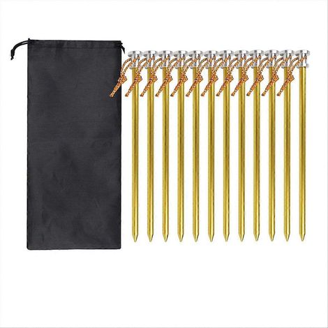 Set mit 12 Heringen für Outdoor-Zelte, 23 cm, mit Aufbewahrungstasche, goldfarben. (1/5)
