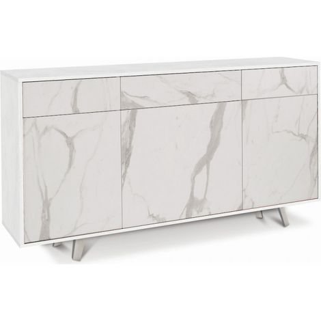 Mueble de salón moderno 3 puertas 3 cajones aparador de cocina Dalgo - Blanco - Mármol Calacatta