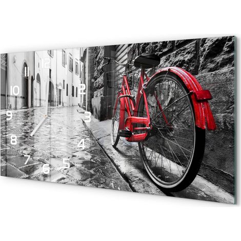 Horloge Murale Panoramique Artistique 60x30 cm Verre Trempé Design Original Vélo rouge (1/5)