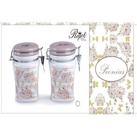 Set 2 Bis Barattoli da Cucina in Ceramica Sale Fino e Sale Grosso Decoro Peonias (1/3)