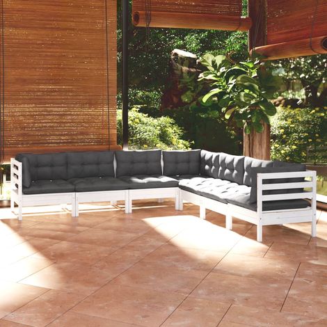 vidaXL Set Divani da Giardino 7 pz con Cuscini Bianchi Legno di Pino (1/5)