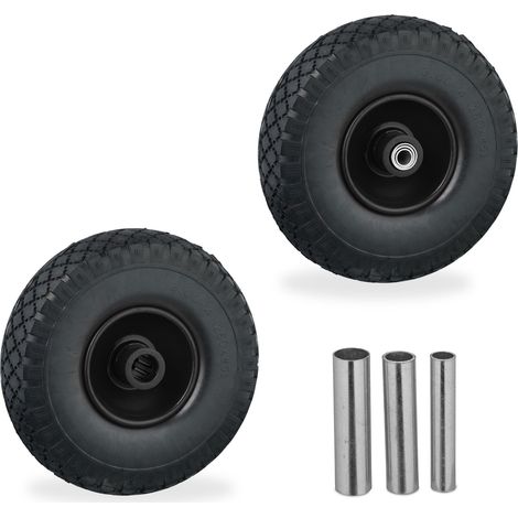 Relaxdays 2 Ruedas de Carro Macizas, 3.00-4, Completas con Llantas de Acero, 3 Adaptadores, Recambios, Negro