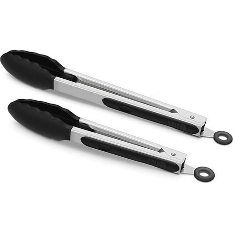 Lot de 2 pinces de cuisine noires, en silicone de qualité supérieure sans BPA, antiadhésives et en acier inoxydable, pour la cuisson au barbecue et aux grillades, avec système de verrouillage, 23 cm e (1/5)