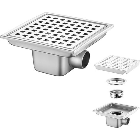 Caniveau De Douche en Acier Carré 15 x 15 Cm,360° Siphon De Sol,Bonde Douche avec Anti-Odeurs Et Tamis à 2 en 1 Cheveux en Acier Inoxydable Gouttière De Douche,pour Salles De Bains,sous-Sols,Argent (1/5)