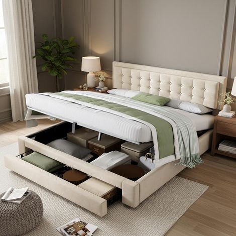 Lit double avec coffre de rangement et tiroirs, revêtement en velours, sommier à lattes, grand espace de rangement, 160x200cm, beige, garantie 2 ans (1/5)