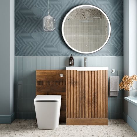 1100mm Fluted Bathroom Vanity Unit Set and Provence Back-to-Wall Toilet Walnut (1/4)