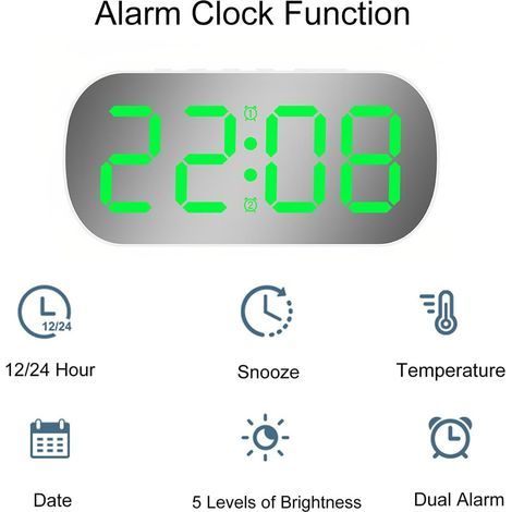 Kleiner digitaler Wecker mit Temperaturanzeige, Datumsanzeige, Nachtmodus, fünf Helligkeitsstufen, Doppelalarm und Schlummerfunktion (weißes Licht mit grünem Licht).