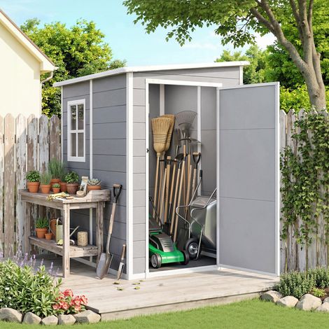 Abri de rangement de 1,54 m² (pour le rangement d'outils), avec porte verrouillable, ouvertures de ventilation et fenêtres, dimensions : 122 cm (L) x 149 cm (l) x 192/177 cm (H), gris. (1/5)