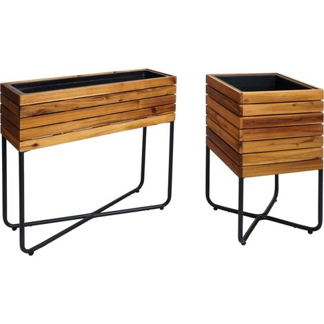 Lot de 2 bacs à fleurs HHG-586, bac à fleurs, rectangulaire carré Outdoor acier acacia bois certifié MVG, marron (1/5)