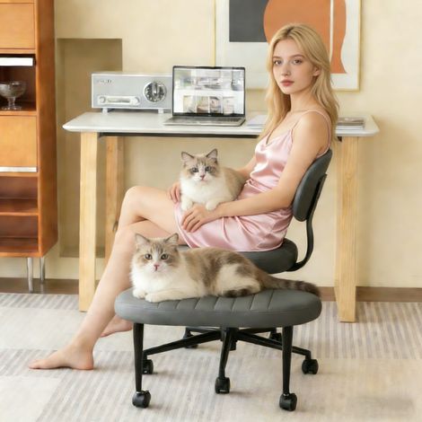 Chaise de bureau velours avec repose-pieds intégré, fauteuil pivotant 360° réglable en hauteur, pour home office - Gris