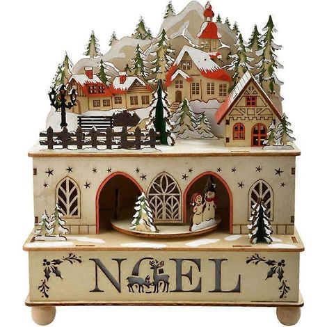 Village de Noël en bois tournant – Boîte à musique mécanique avec lumière LED, décoration lumineuse pour maison de Noël. (1/4)