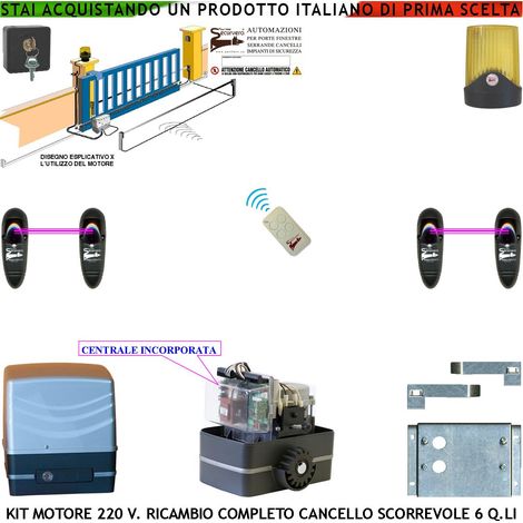 Motore 230 V Con Centrale per Cancello Scorrevole Traina 6 Q.li Radiocomando Faro Selettore 2 Coppie Fotocellule Pignone Acciaio M4 Z12 Fine Corsa Elettromeccanico Ricambio Universale Altre Marche CE (1/4)