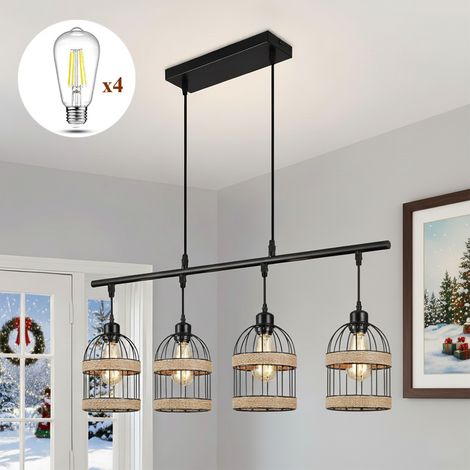 ROSNEK Suspension 4 lumières E27 en rotin et fer, hauteur réglable, style industriel rustique, lumière blanc chaud, marron (1/5)