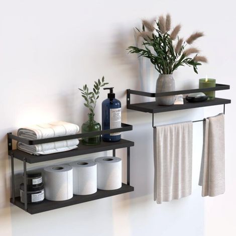 2-Tier and 1-Tier Floating Wall Shelves (Set of Two) with Metal Frame, for Bathroom, Kitchen and Bedroom, with Paper Towel Holder and Towel Rail - No (1/5)