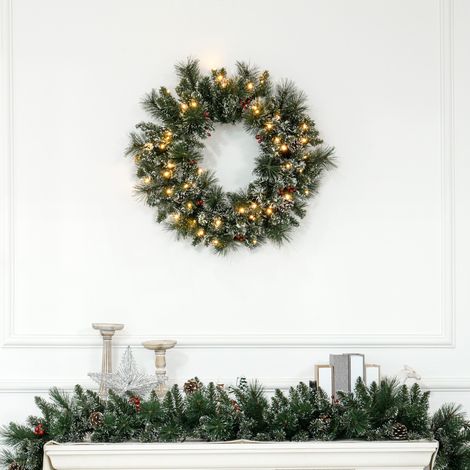 Couronne Noël porte artificielle 60 cm pommes pin baies LED minuterie vert (1/5)