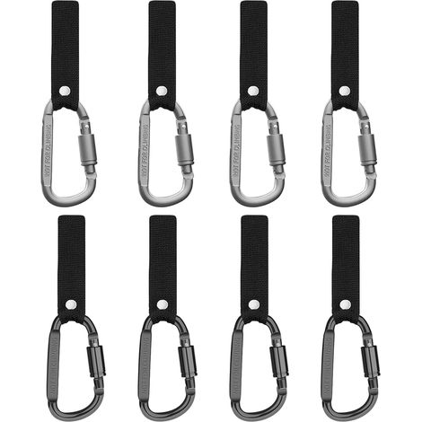 8 moschettoni a D con chiusura a vite e fettuccia. Moschettone con chiusura a vite + stopper. Moschettoni a D. Moschettoni per lavoro, campeggio, motociclismo e auto. (1/5)