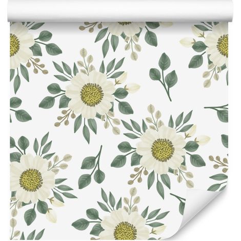 Carta da parati con margherite bianche e grigio chiaro per soggiorno e camera da letto 50x1000 cm (1/5)