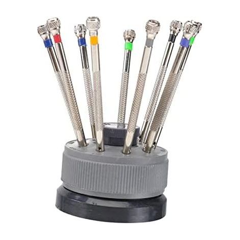 Ensemble D'outils de Réparation Tournevis Plats Précis en Acier Base Rotative, 9 Tailles, pour Horlogers et Électronique, Kit Professionnel Embouts Rechange - (1/5)