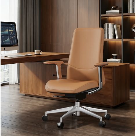 Silla de oficina de cuero marrón ajustable 67x63,5x100-106 cm - CHICFURN (1/5)